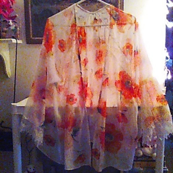 Soprano Cover Up Kimono S Tropical Vibes White Orange Floral Lace Detail - Picture 1 of 3